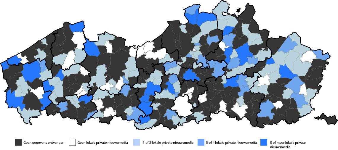 Hier wordt het privaat lokale nieuwsaanbod per gemeente weergegeven. De top vijf gemeentes bestaat uit: Mechelen (12), Lichtervelde (11), Ninove (10), Houthalen-Helchteren (9) en Diksmuide en Knokke-Heist (8). De reactieratio van de gemeenten is 59%.